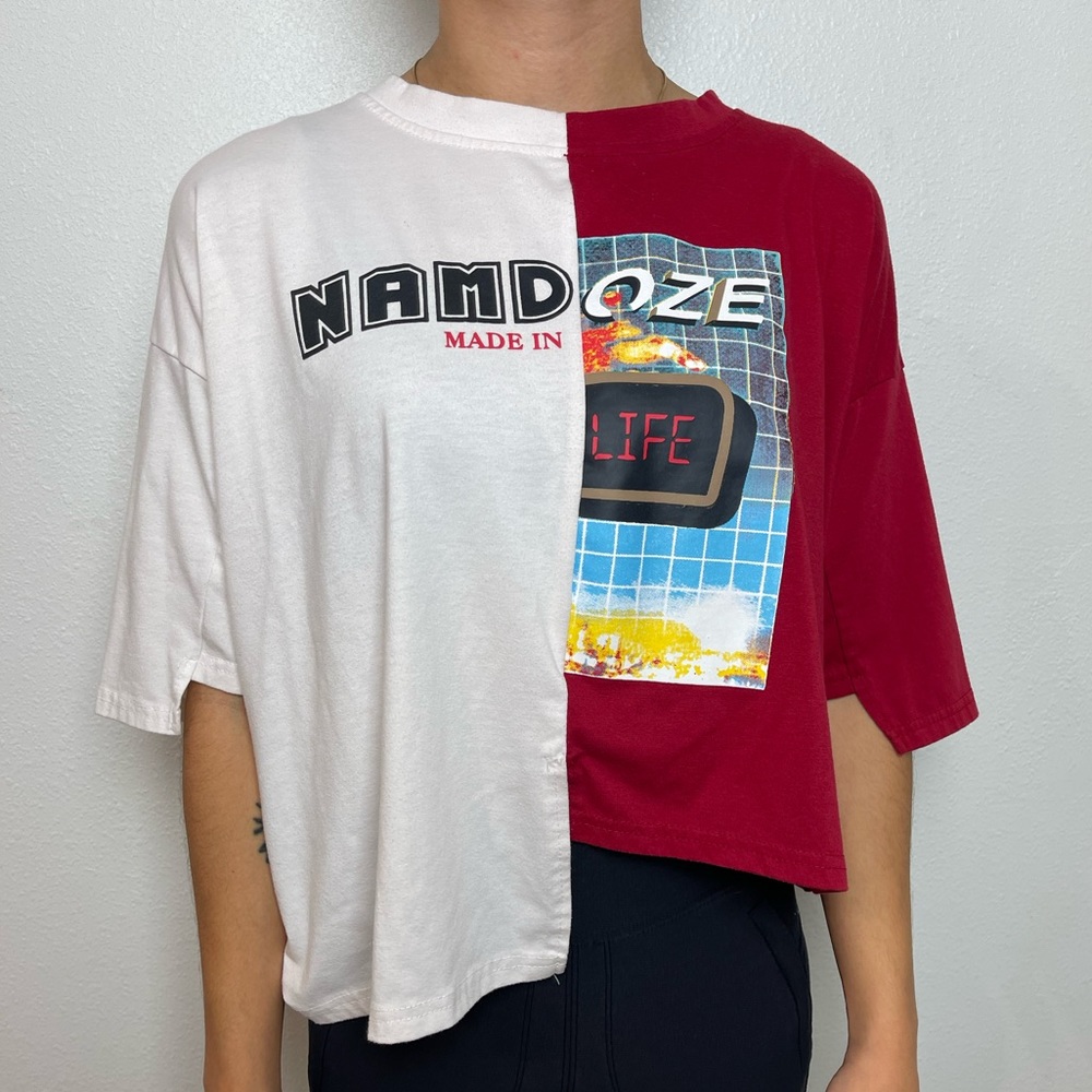 One Size Patchwork Uneven Hem Crop Top Tee